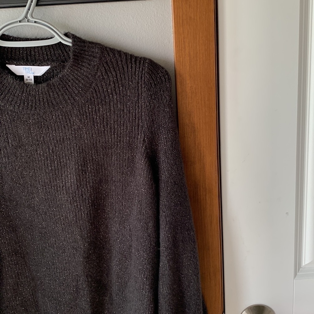 Time & Tru NWT Womens Puff Sleeve Crew Neck Sweater Black Gold Medium Mob Wife - Picture 9 of 15